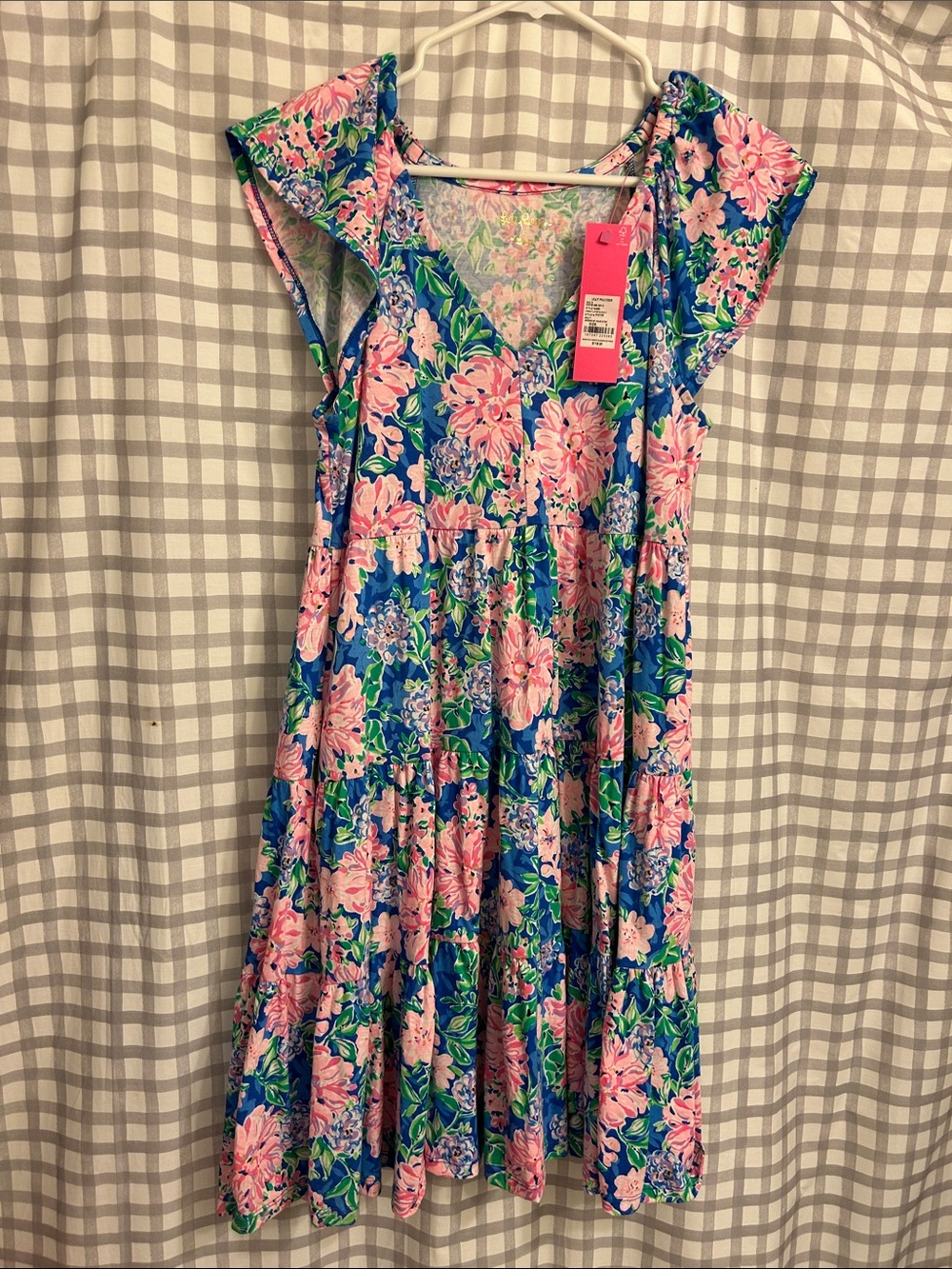 Lilly Pulitzer Blue and Pink Floral Tiered Cap-Sleeve Girls Dress